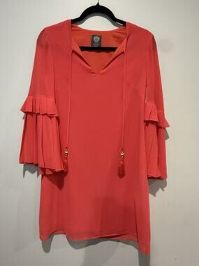 NWT Vince Camuto Coral Shift Dress Size 0 Ruffle Flutter Bell Sleeves Boho Indie